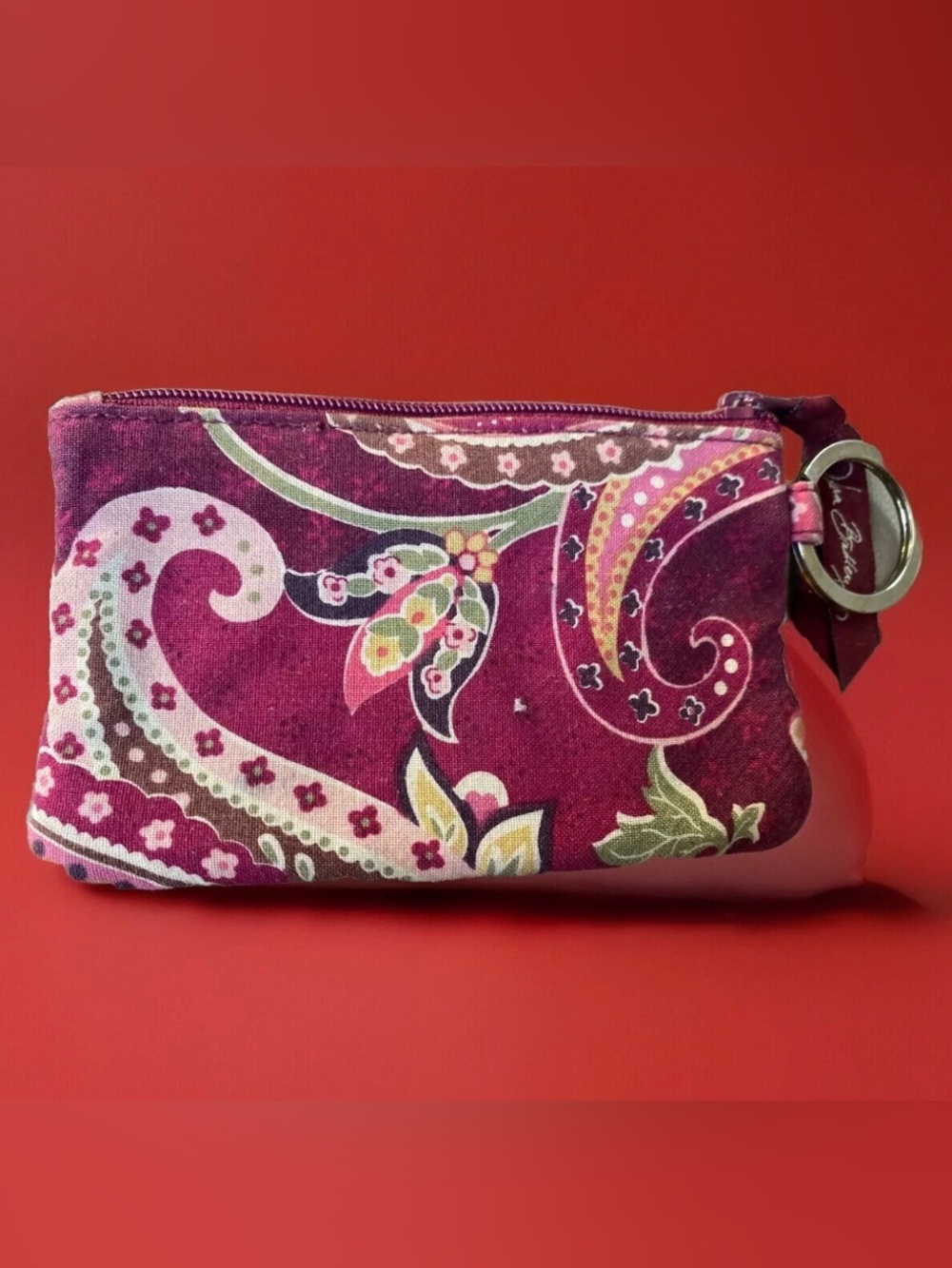Vera Bradley paisley tartan maroon coin purse ID Card Holder Zip Key Ring